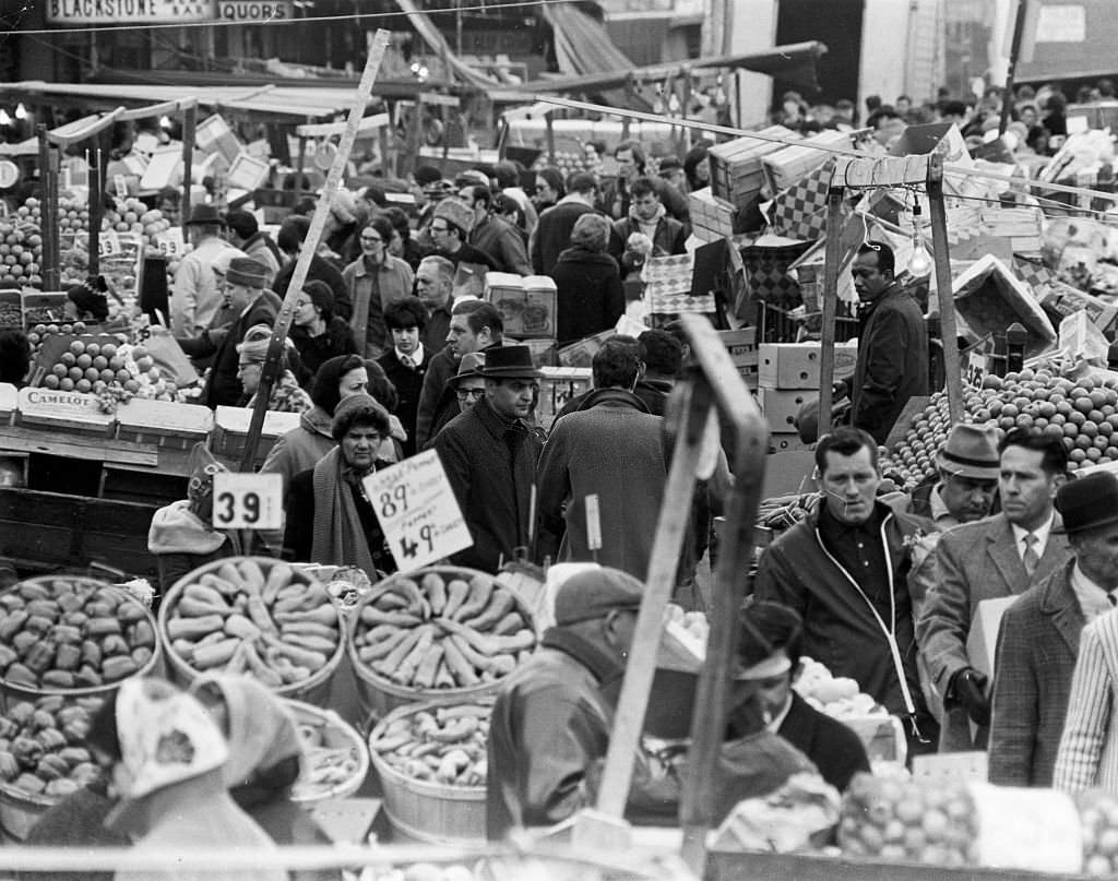 Boston's Haymarket remains busy on March 15, 1969, despite snow and urban renewal.