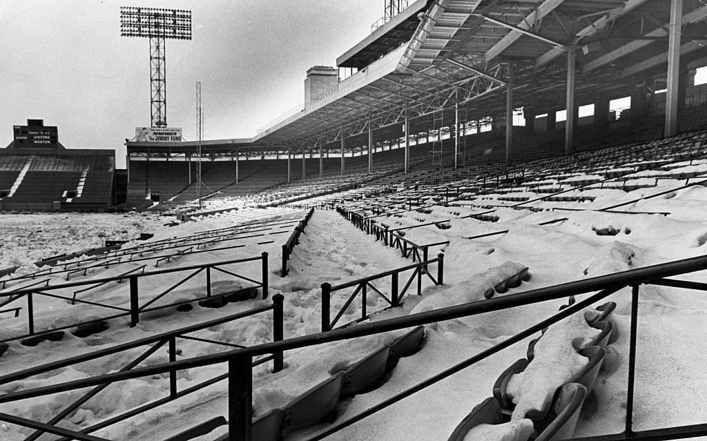 Snow covers the bleachers at Fenway Park in Boston, 1969.