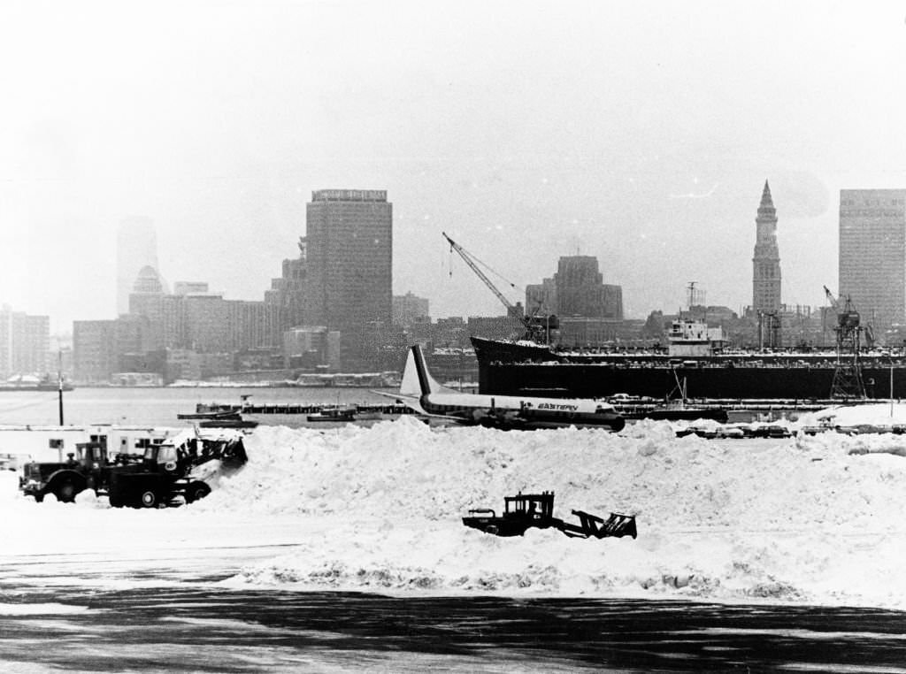 With the Boston skyline in the background, snow removal equipment moves snow at Logan International Airport in Boston, 1969.