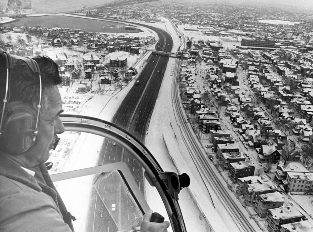 An aerial view of a snowy Southeast Expressway southbound over Dorchester in Boston on March 27, 1969.