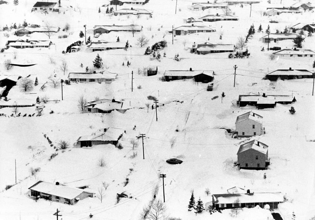 An aerial view of homes covered in snow in West Peabody, Mass., on Feb. 27, 1969.