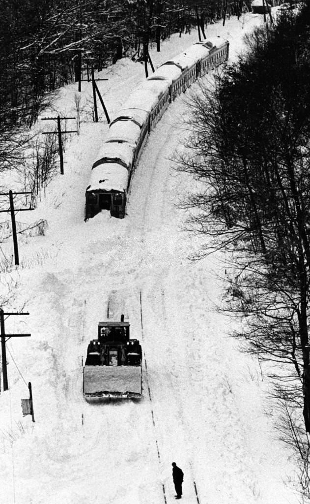 Train tracks covered in snow in Massachusetts, 1969.