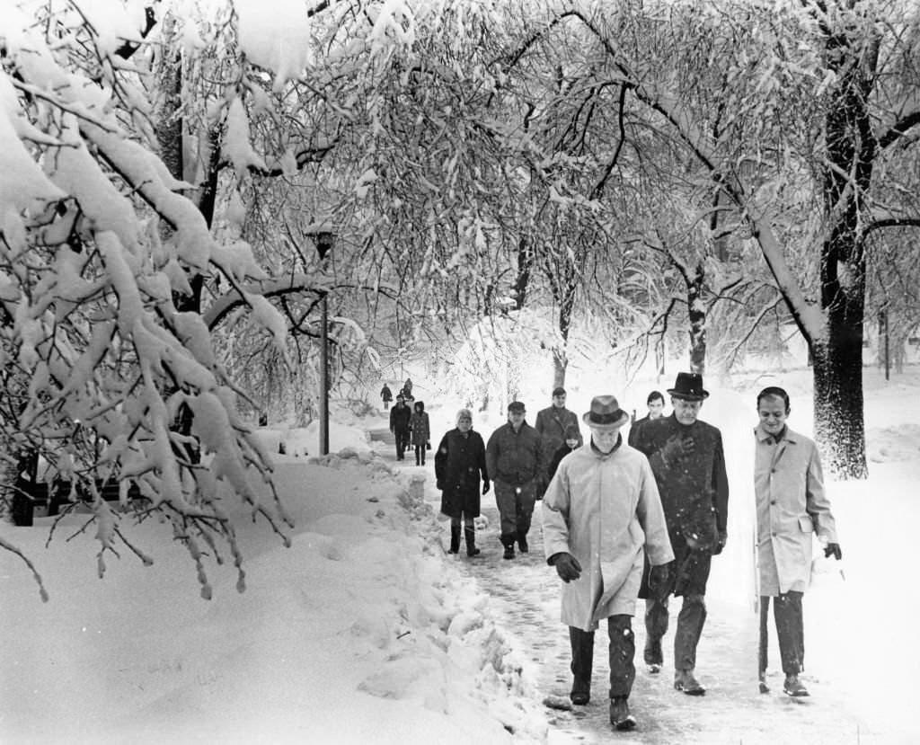 People walk through the snow across the Boston Common on Feb. 25, 1969, the morning after a snow storm.