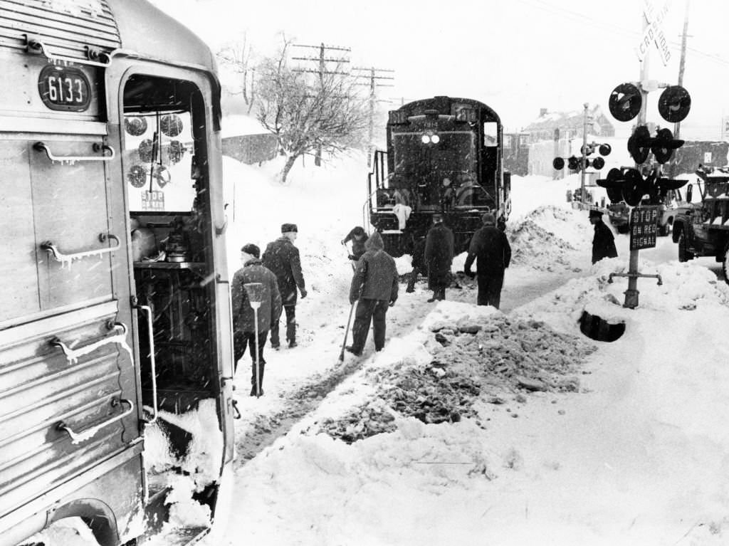 A diesel engine derailed in the snow at Topsfield Road in Ipswich, 1969.
