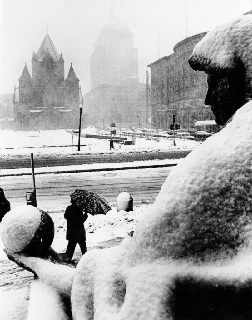 Snow falls on Copley Square in Boston, 1969.