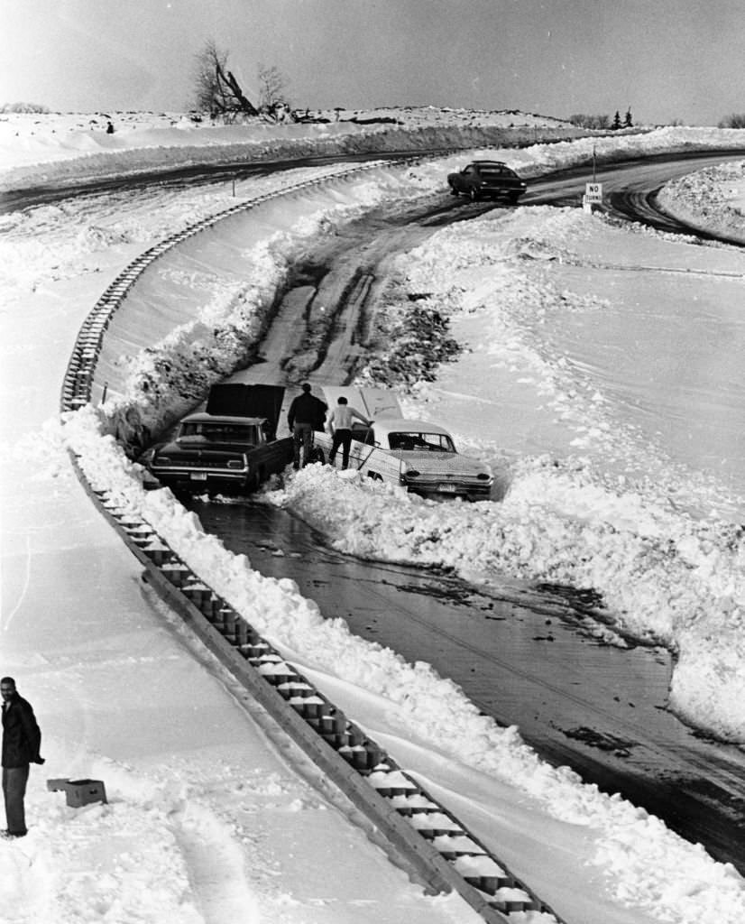 Cars in the snow on Route 128 North in Danvers, 1969.