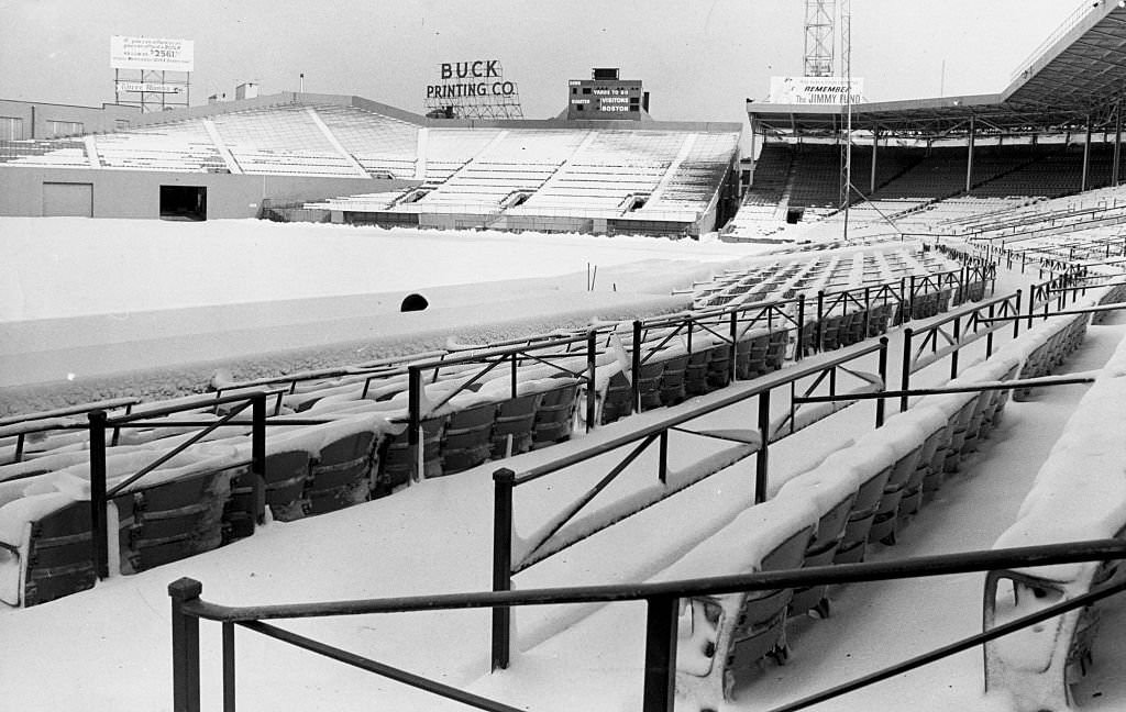 Snow covers Fenway Park in Boston on Feb. 11, 1969.