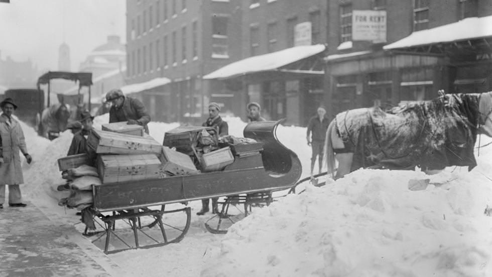 Horse-drawn sleigh for hauling goods, market district, 1900s