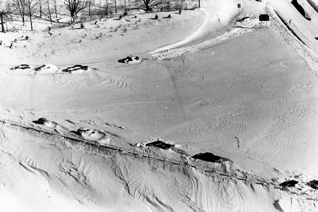 Cars are abandoned in the snow on an exit on Route 128 in Massachusetts, February 1969.