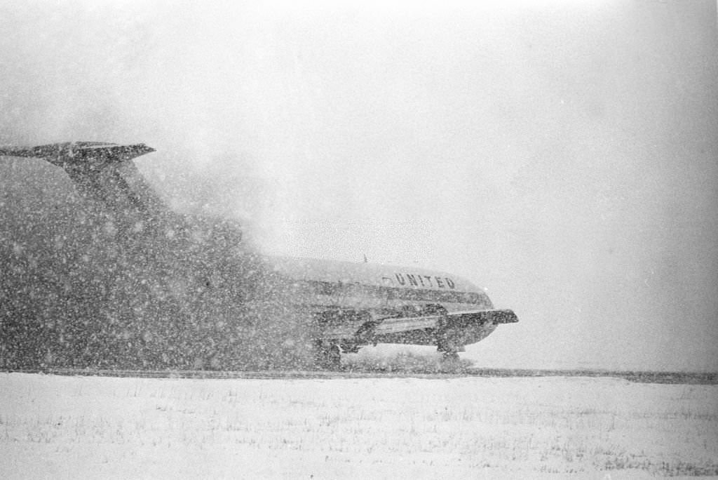 An airliner comes in for a snowy landing at Logan International Airport, Boston, Massachusetts, 1969.