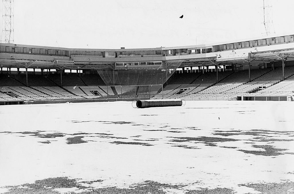 Snow covers Fenway Park's center field in Boston, April 8, 1967.