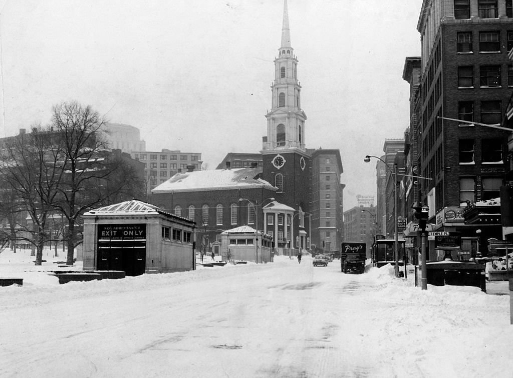 Tremont Street is covered in snow after a near-record 12.2 inches covered Boston, 1961.