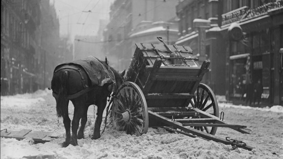 Blizzard wreaks havoc on a working horse near South Station, breaking shaft and dumping his load of snow, 1920