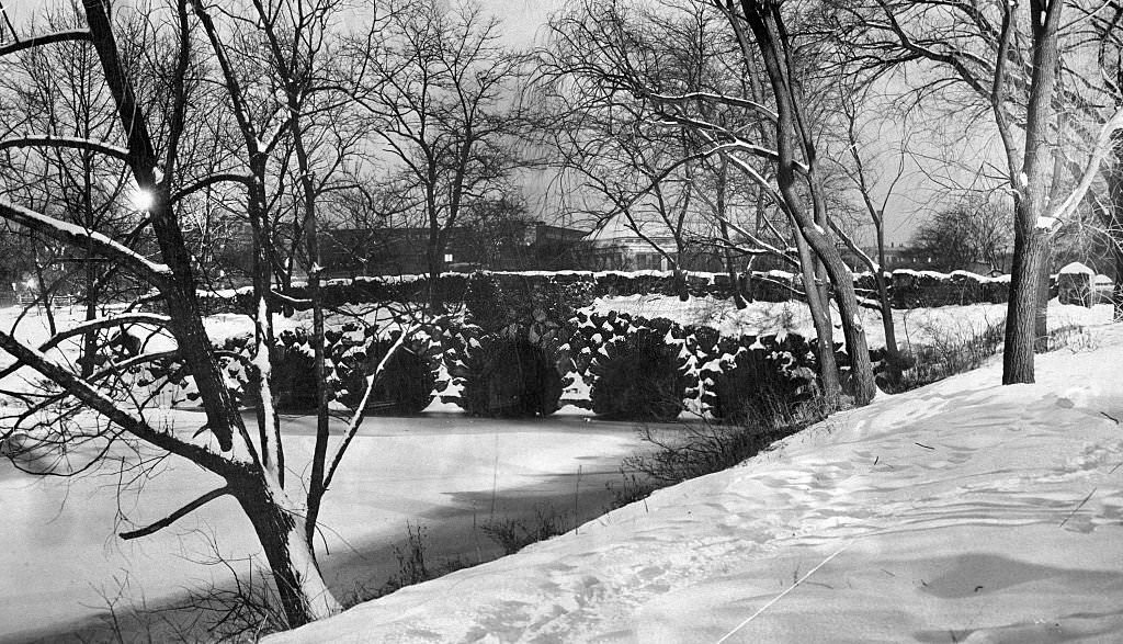 Snow covers the Back Bay Fens in Boston on Jan. 9, 1954.
