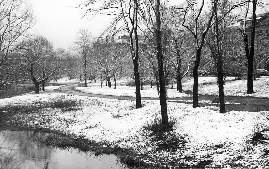 The Back Bay Fens in Boston is covered in snow, 1948.