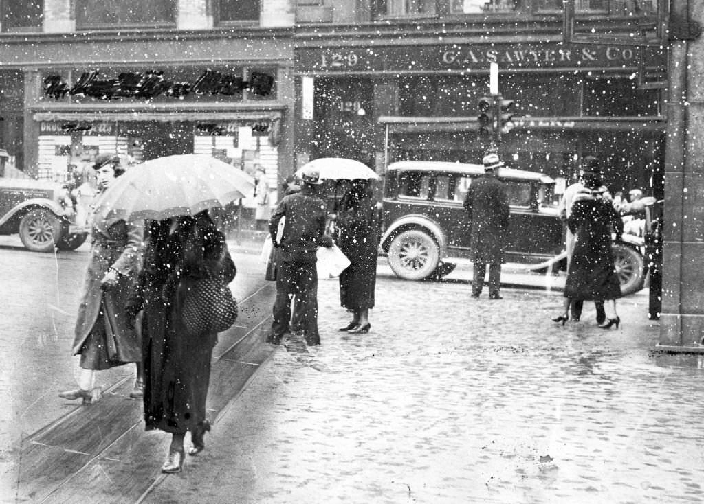 The first storm of spring in Boston brings snow, 1935.