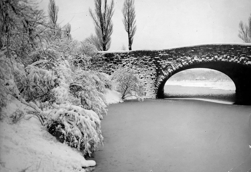 Snow covers the Back Bay Fens in Boston on March 6, 1933.