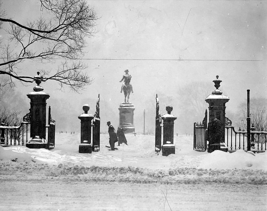 Snow covers the George Washington statue and entrance to Boston's Public Garden on Feb. 21, 1929.