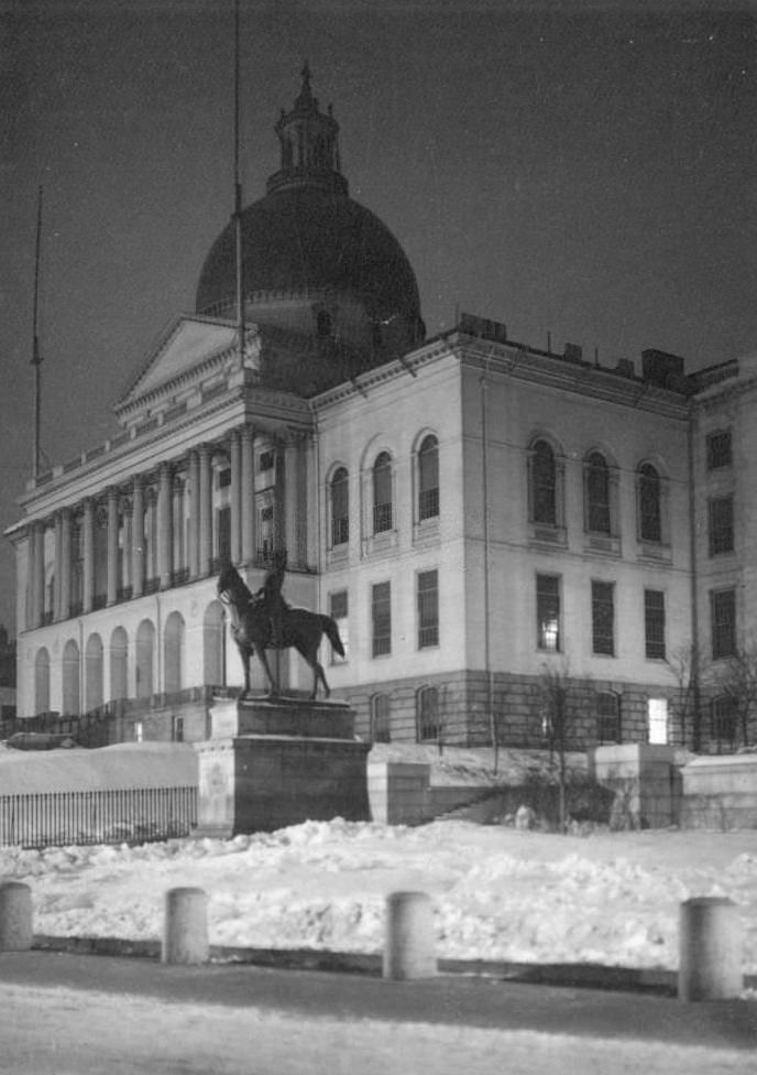 Front right view of Massachusetts State House, equestrian statue in foreground, snow on ground, Boston, Massachusetts, 1906.