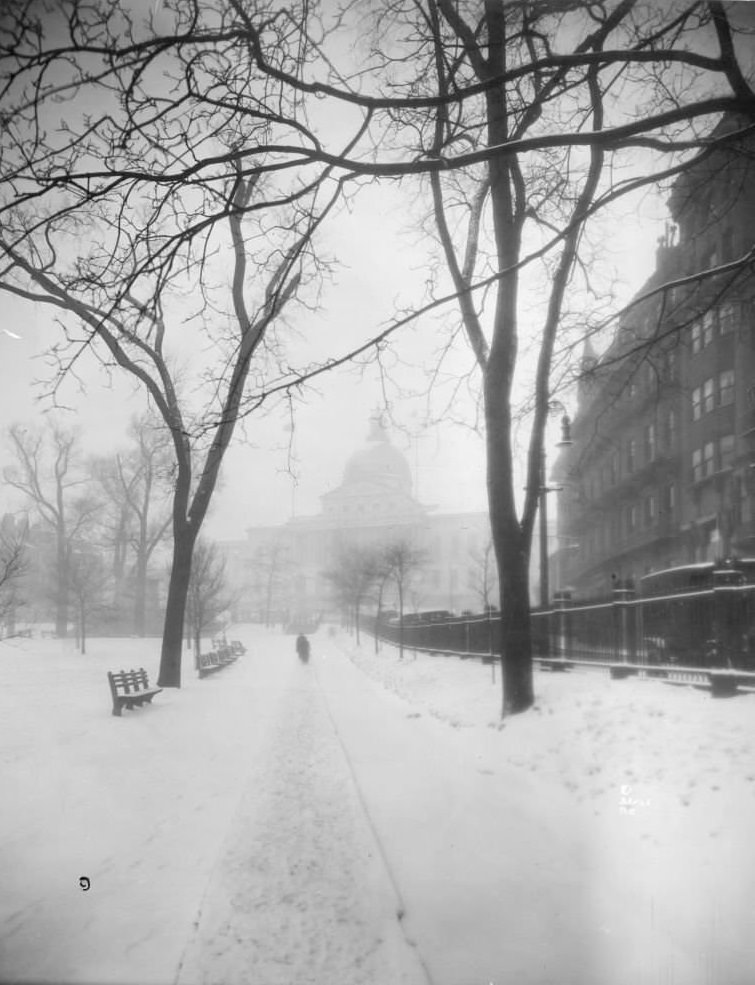 View of State House in distance, taken from Common, snow on ground, Boston, Massachusetts, 1906.