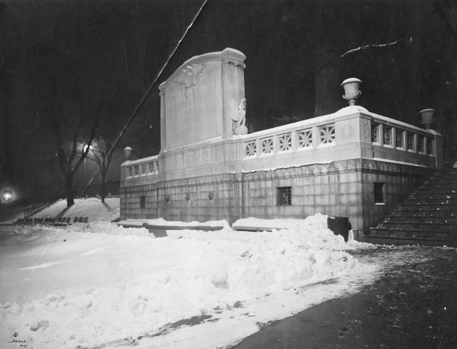 Night view of Shaw Memorial from behind, snow on ground, Boston, Massachusetts, 1906.