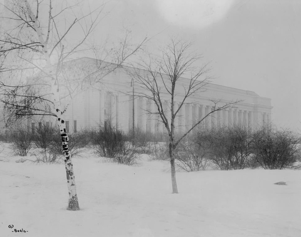 Winter view of colonnaded exterior of Museum of Fine Arts through trees, Boston, Massachusetts, 1906. Snow, shrubs in foreground.