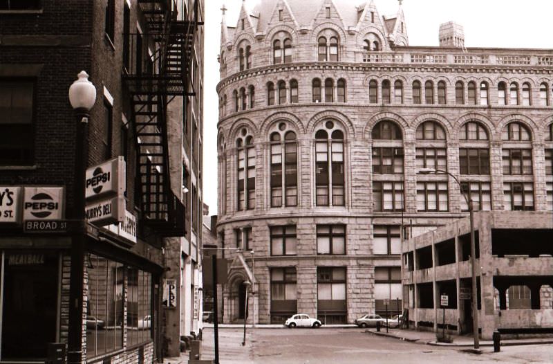 Murry's Deli on Broad Street with Grain Exchange Building, Financial Zone, Boston, 1979