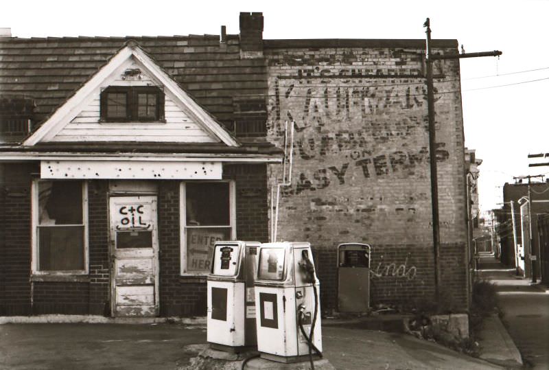 Old gas station, Boston, 1970s