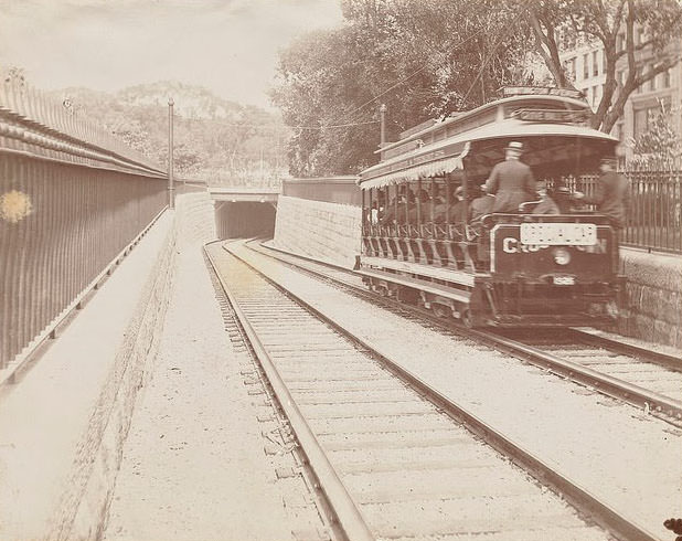 Trial run of car at the Public Garden entrance to the subway, 1897