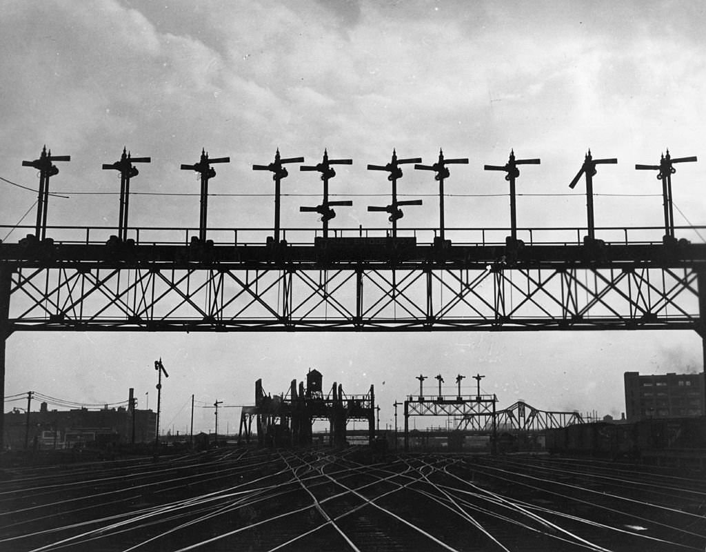 Railway tracks and semaphore signals at Boston.