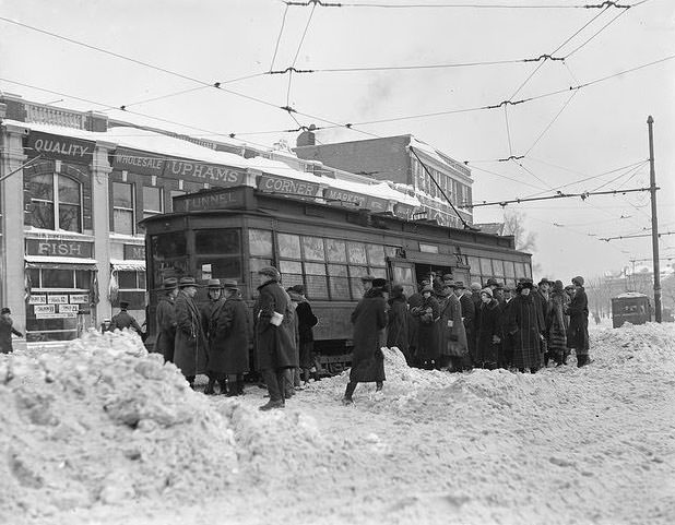 Trolley stuck in snow, Uphams Corner, Dorchester, 1930.