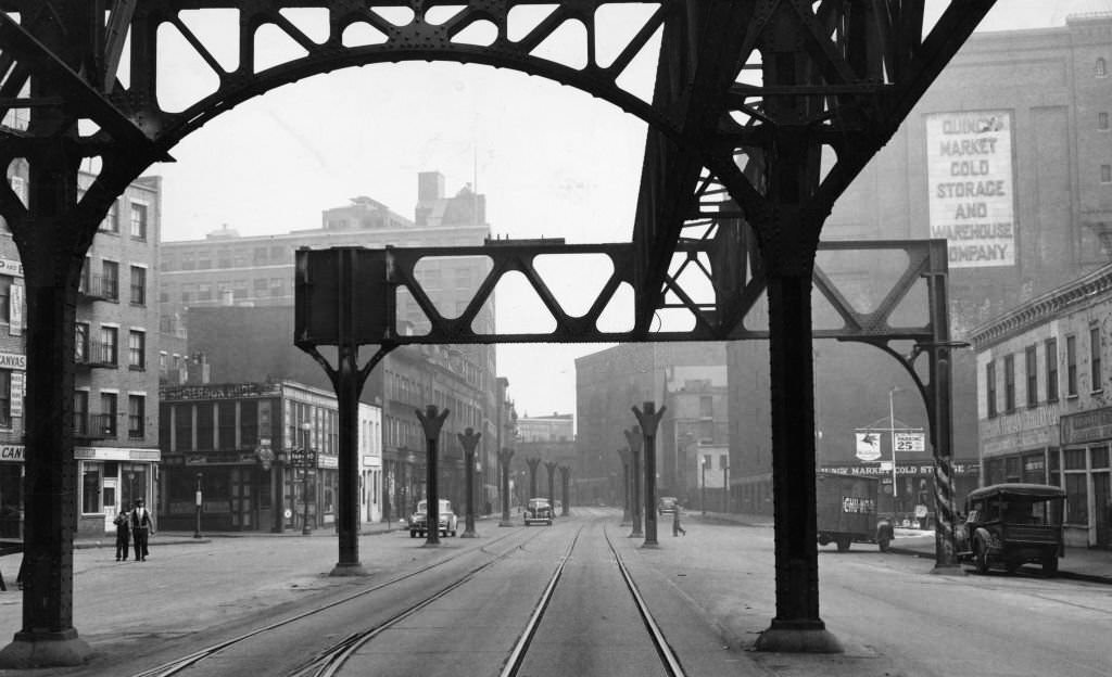 The remnants of the Atlantic Avenue Elevated structure toward Commercial Street.