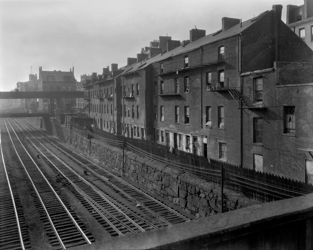 Railroad tracks and row of houses, Boston, Massachusettes, 1933.