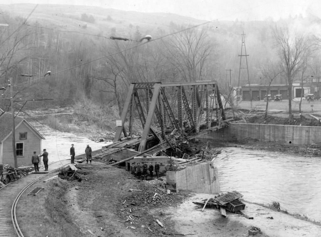 A view of a railroad bridge after a flood swept the area in Springfield, Vt. on Nov. 21, 1927.