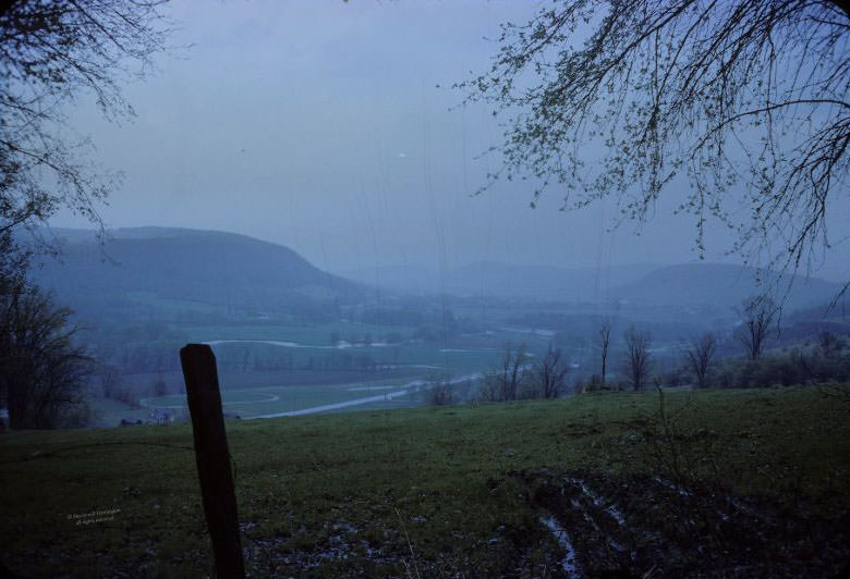 Looking northward from Whaupaunaucau across the Chenango Valley. Steam Sawmill Hill is at left, circa 1962