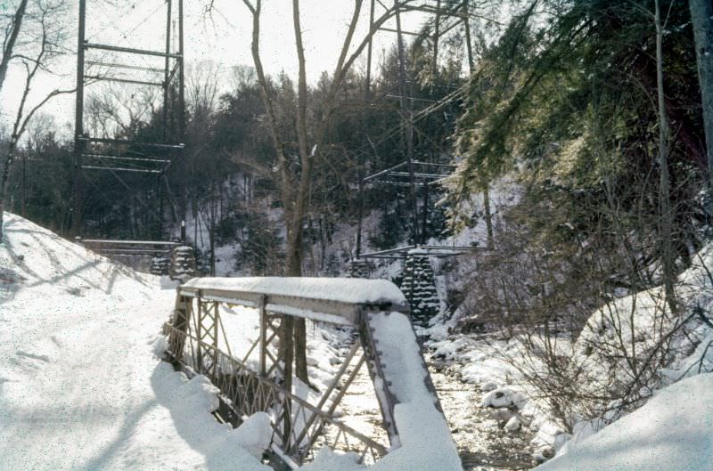 The Lyon Brook Trestle (Lyon Brook Bridge) of the New York, Ontario & Western railroad between Norwich and Oxford, New York, March 1960