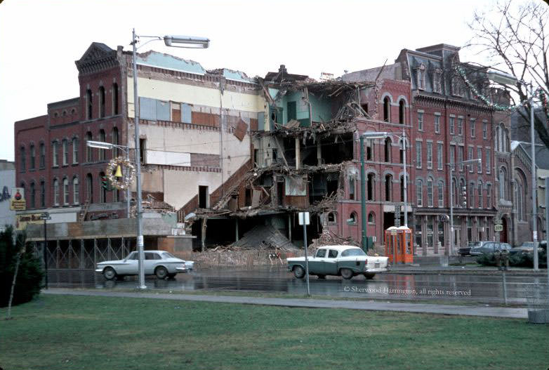 Last stages of the destruction of the old Chapman & Turner department store building at the heart of Norwich, the SW corner of Broad and Main streets, January 1966