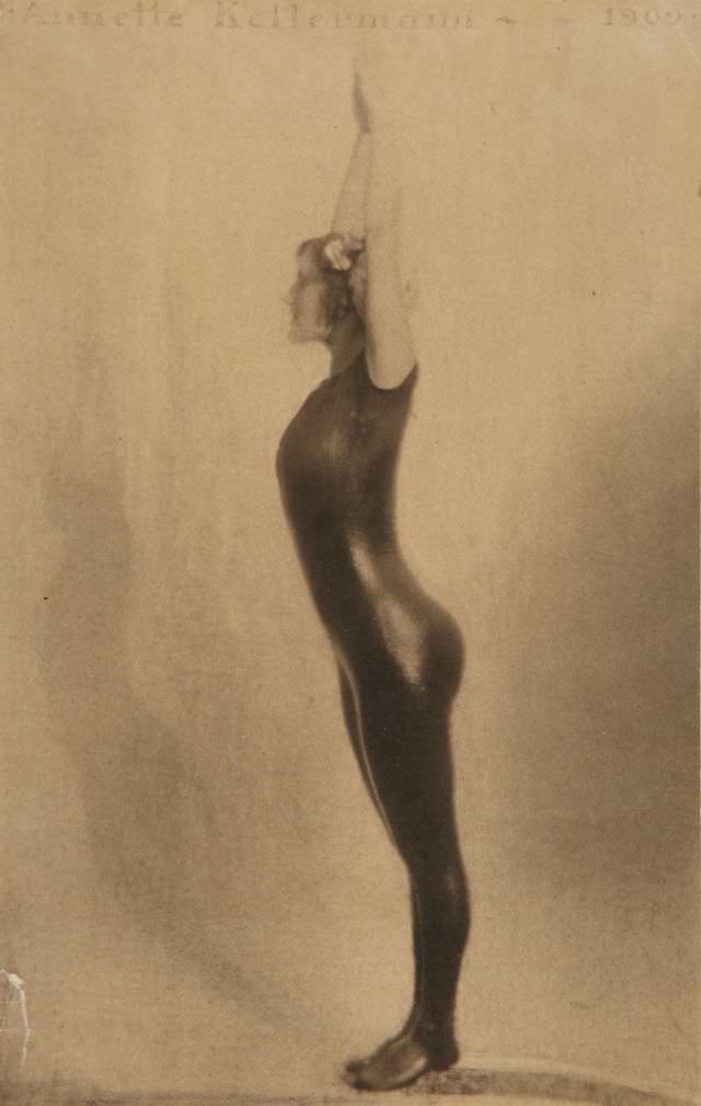 Portrait of Annette Kellermann diving, 1909