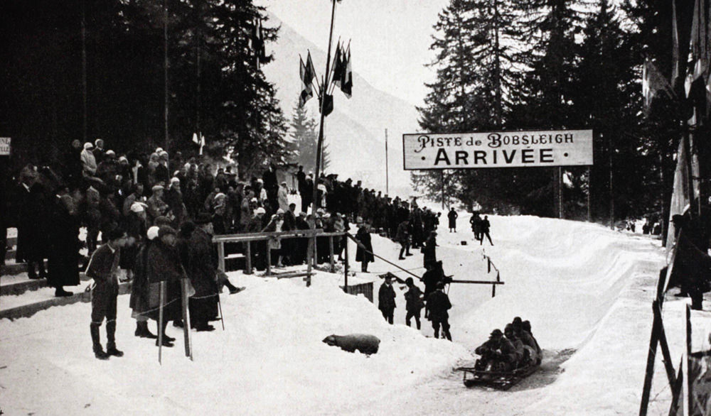 The four-man bobsleigh team from Italy rides the bobsleigh track at the Winter Games in Chamonix, France, in February 1924.