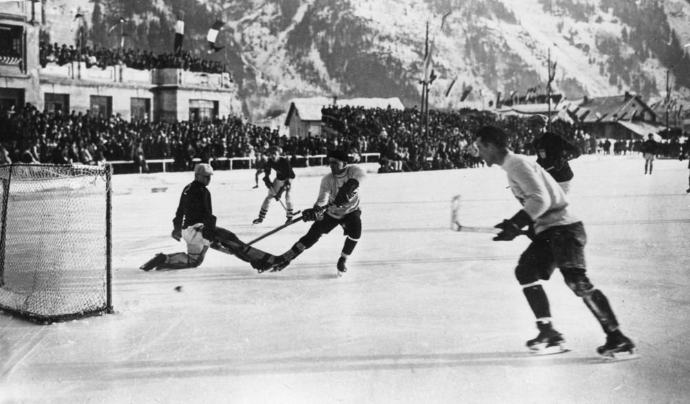 The Canadian ice hockey team, the Toronto Granites, scores during the final in which they beat the United States 6-1 to take the Olympic gold medal in the Winter Games at Chamonix, France, on Feb. 3, 1924.