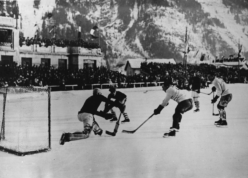 The Canadian ice hockey team, the Toronto Granites, scores during the final in which they beat the United States 6-1 to take the Olympic gold medal in the Winter Games at Chamonix, France, on Feb. 3, 1924.