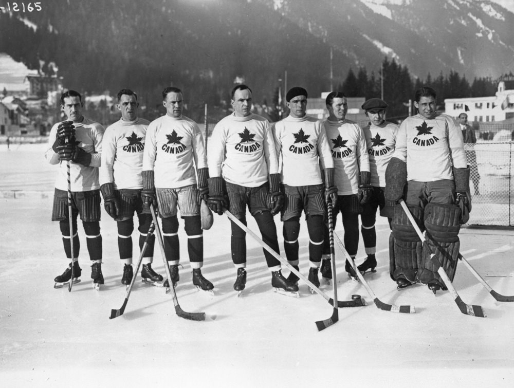 The Canadian ice hockey team, the Toronto Granites, are seen after beating the United States to take the Olympic gold medal at the Winter Games in Chamonix, France, in February 1924.