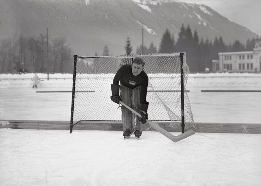 American ice hockey goalkeeper La Croix during a practice at the rink at Chamonix ahead of their match against France, 1924.