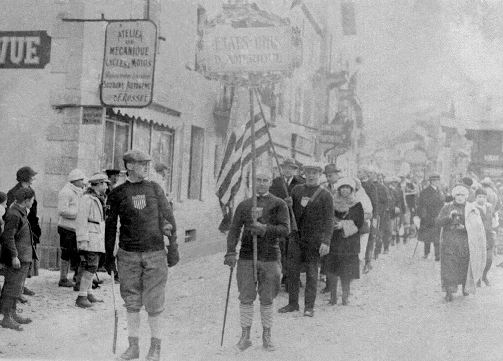 The United States is represented during opening ceremonies for the 1924 Winter Olympics in Chamonix, France, on Jan. 25, 1924.