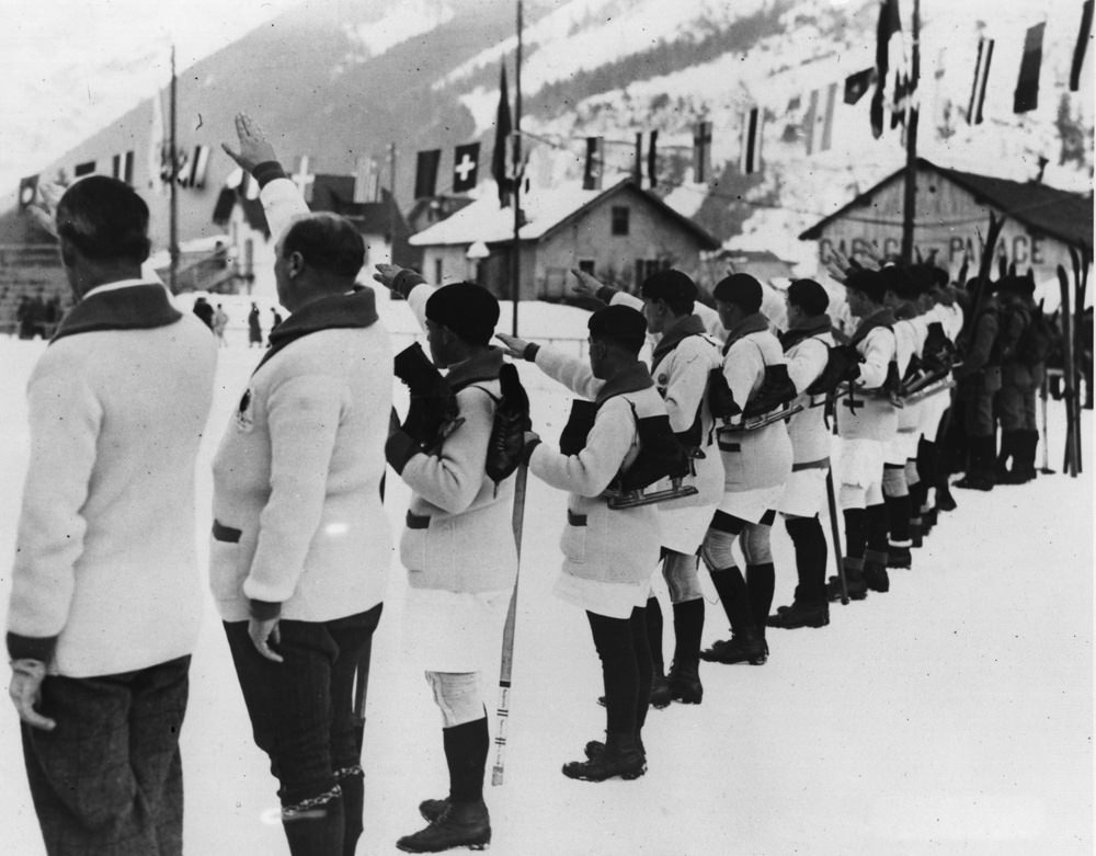 French athletes swear that they will conduct the Winter Olympic Games in a loyal way at the opening of the first Winter Olympics in Chamonix, France, on Jan. 25, 1924.