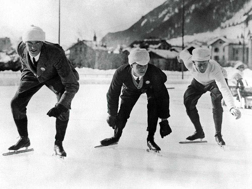 English speed skaters B. H. Sutton (from left), L. H. Cambridgeshire and A. E.