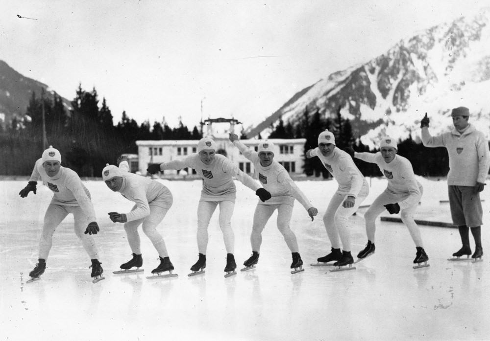 A group of American skaters practices during the 1924 Winter Olympics at Chamonix, France, in 1924.