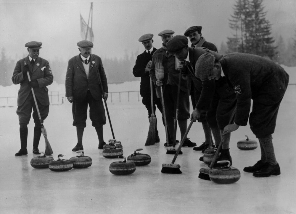 The British curling team practices during the Winter Olympics in Chamonix, France, on Jan. 28, 1924.