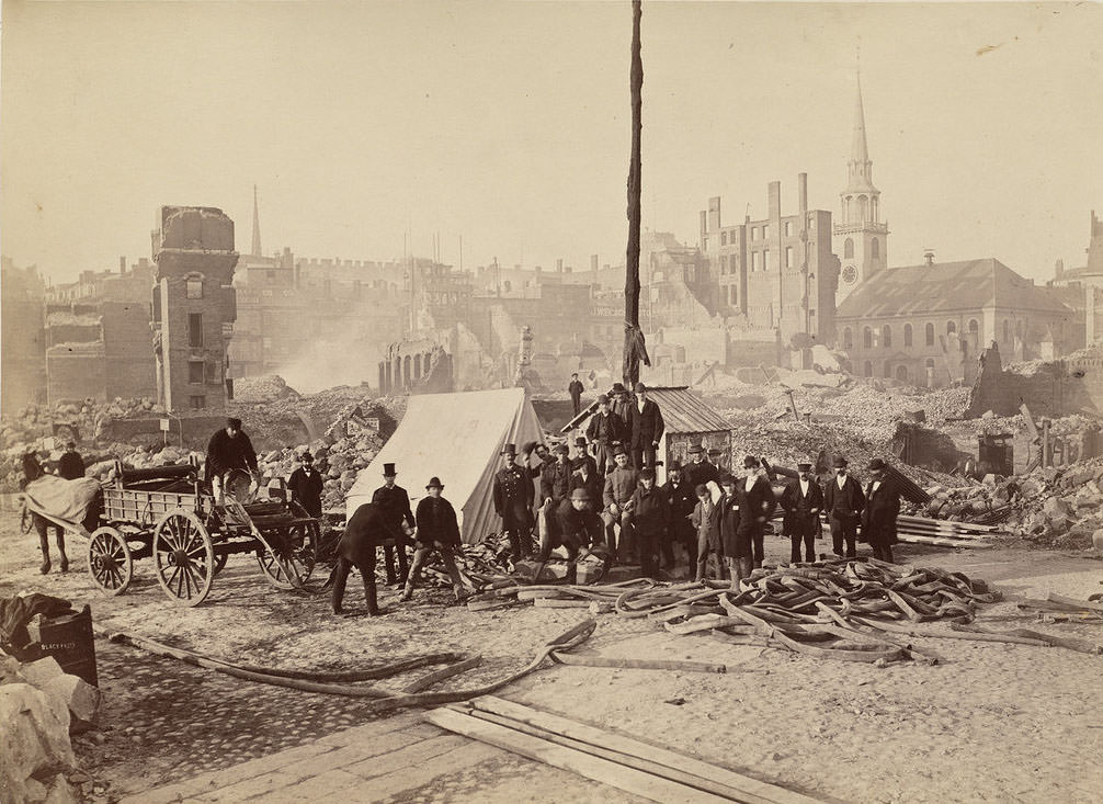 Franklin Street. (Old South Meeting House in background, tents and men in foreground)