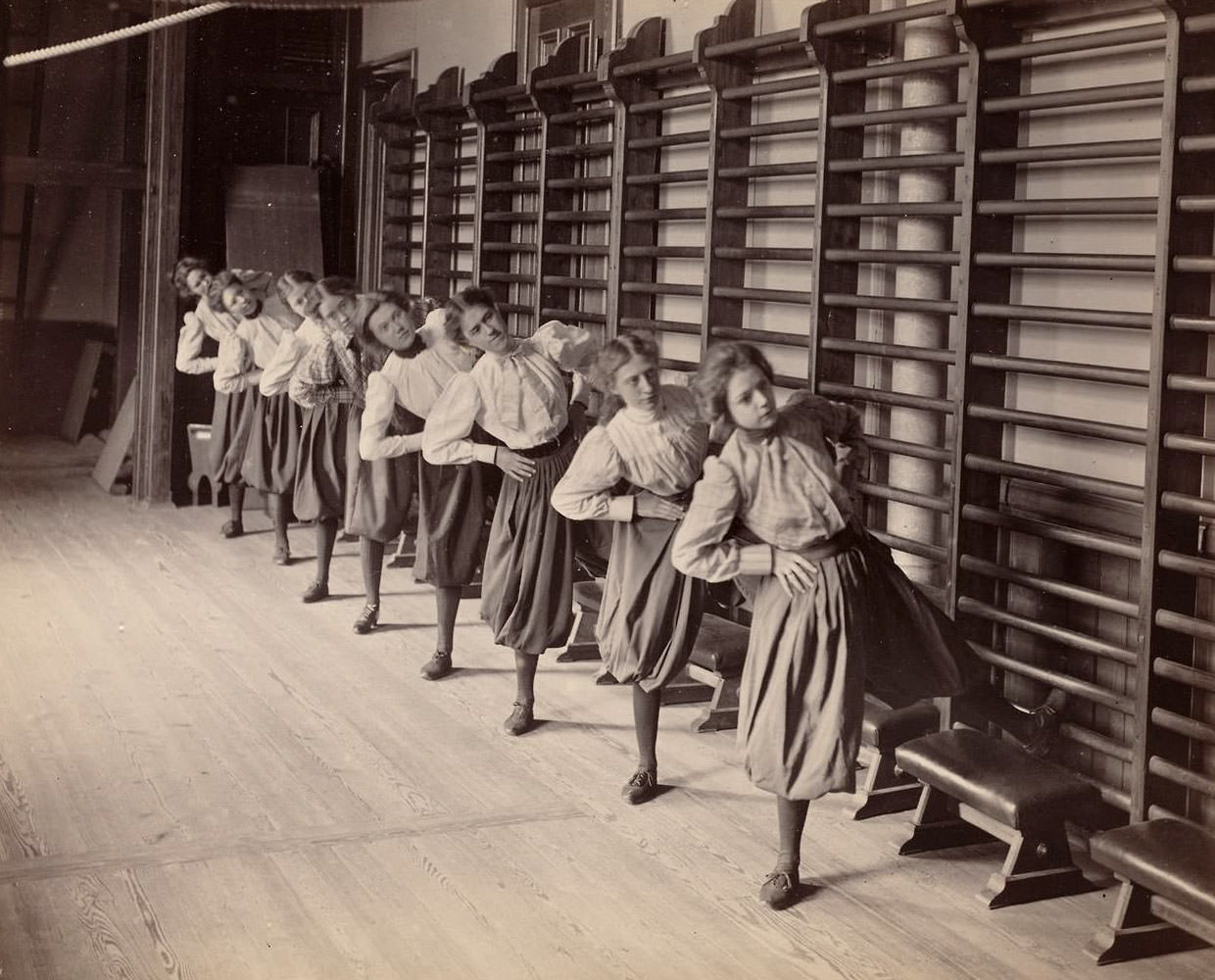 Girls doing Gymnastics in Charlestown High School, Boston, 1893